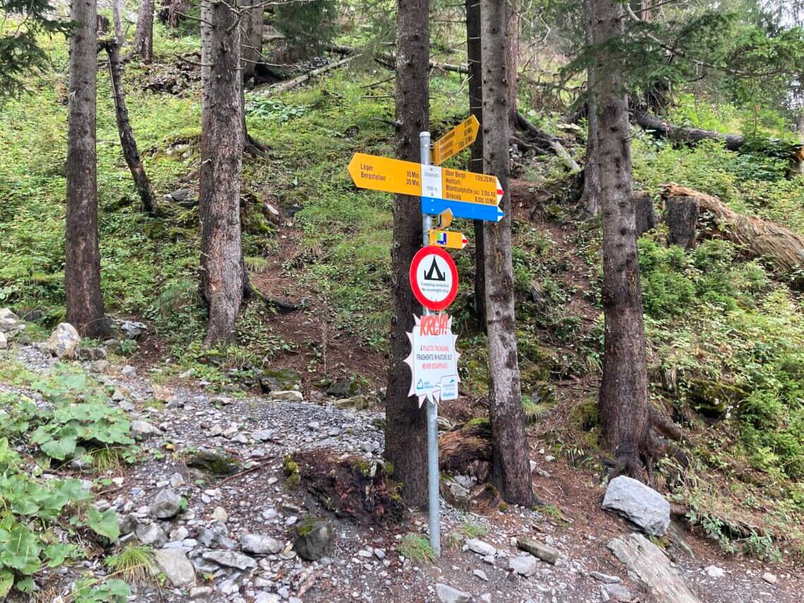 Het bospad komt uit bij een splitsing, hier gaat ook het alpinepad verder voor zeer geoefende klimmers.