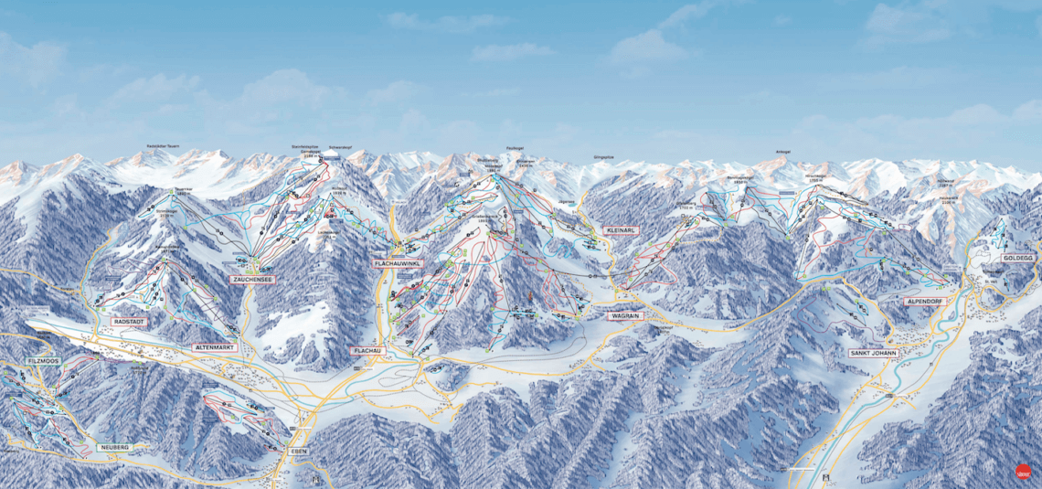 Een overzicht van alle aaneengesloten skigebieden.