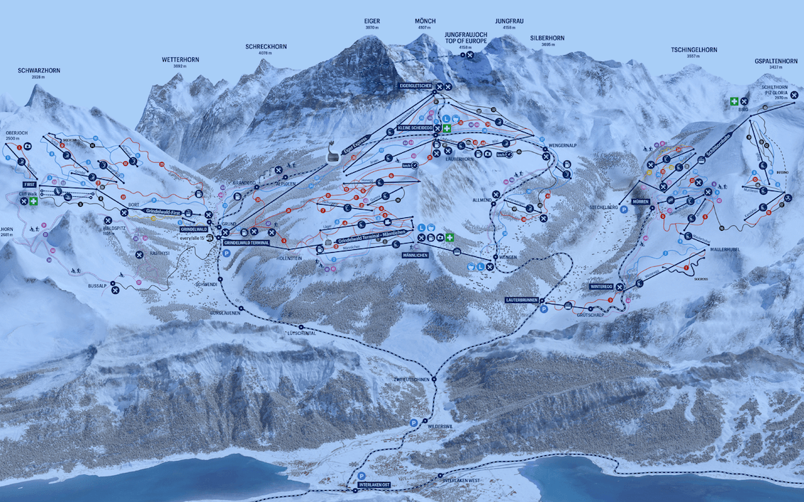 Op deze kaart vind je in het paars de winterwandelingen en in het roze de slee-pistes. © Foto / kaart: Interlaken Tourism 
