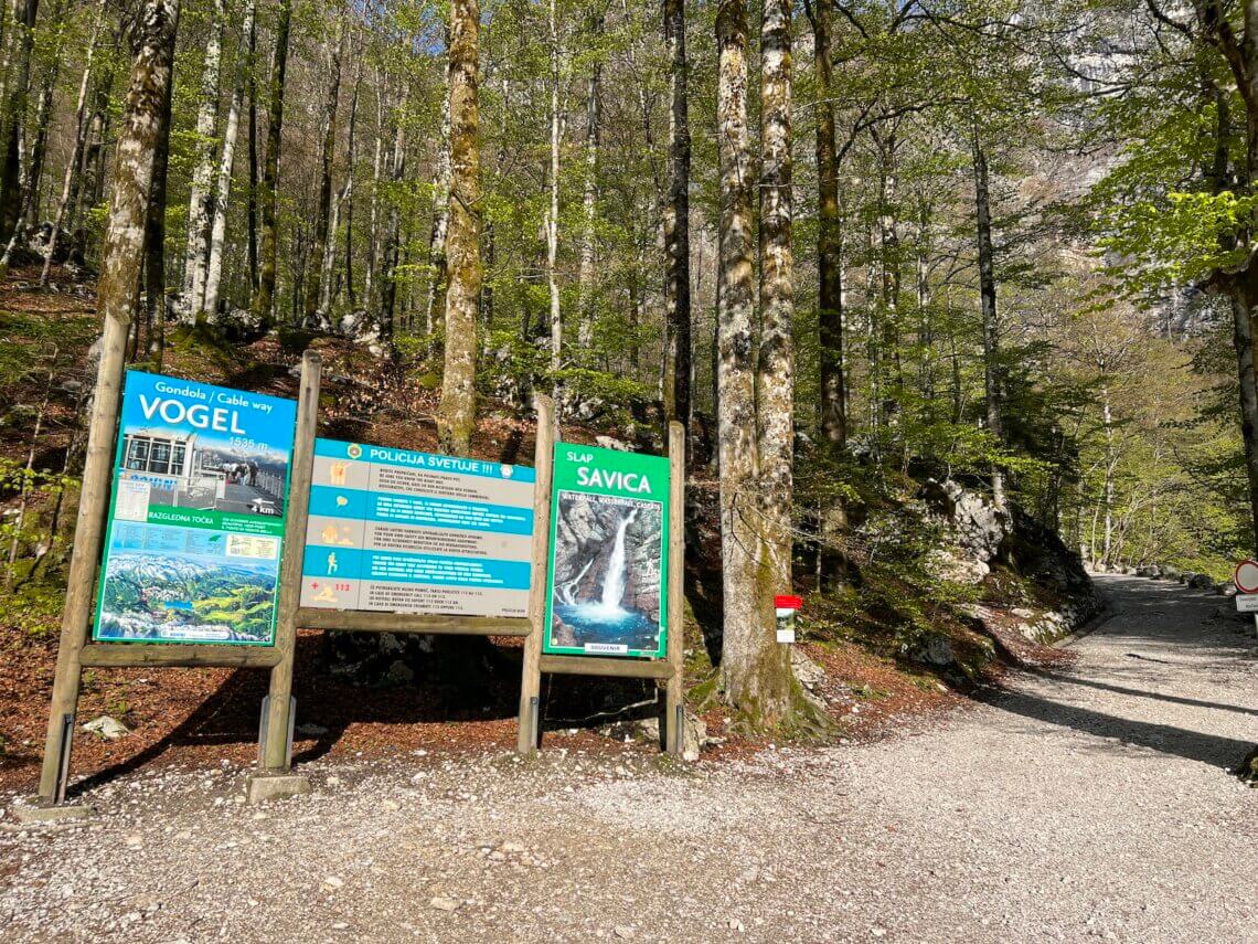 Meteen bij de ingang staan nog informatieborden van de omgeving. Voor de wandeling naar de Savica waterval ga je hier rechtsaf.