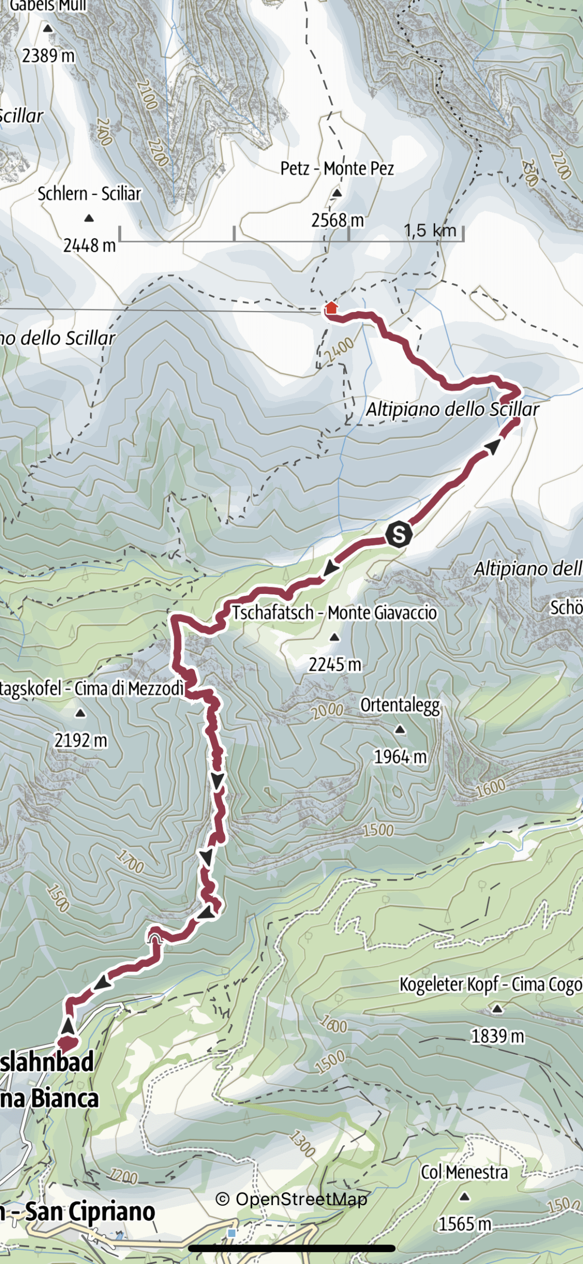 Route dag 1 3 daagse huttentocht Dolomieten