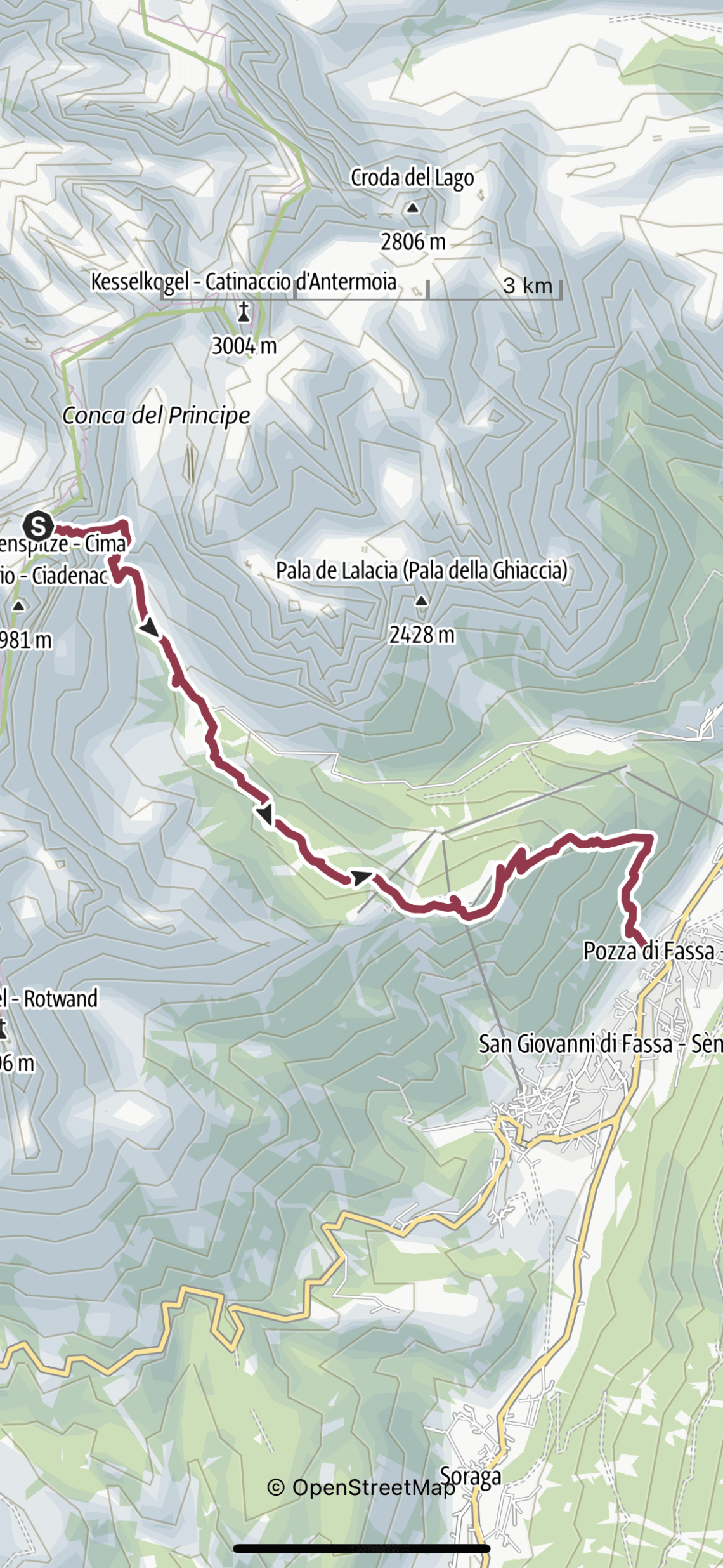 Route dag 3 van onze 3 daagse huttentocht Dolomieten