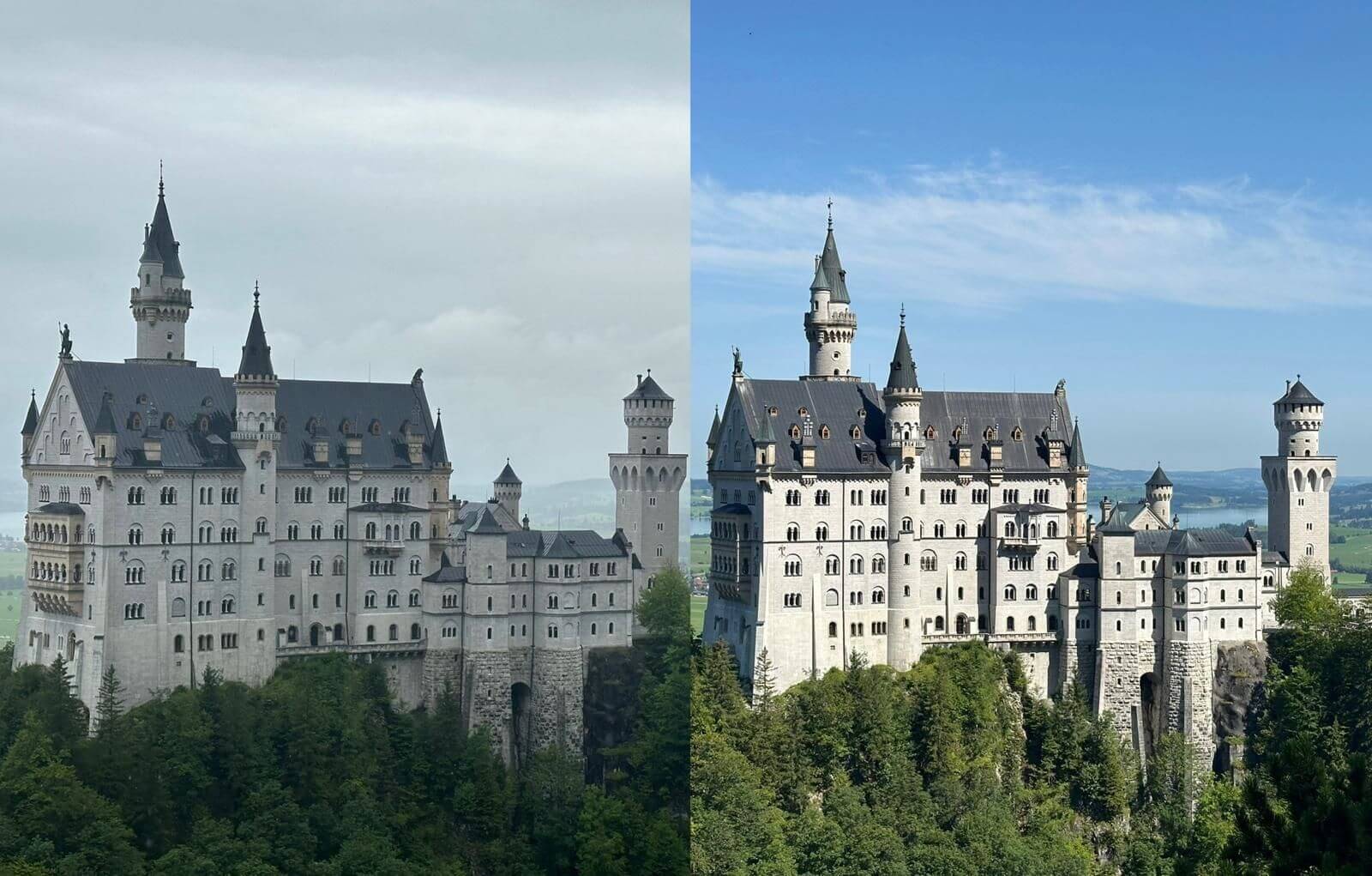 1 kasteel, 2 gezichten! Wat een contrast. Bizar wat het weer voor invloed heeft op de kleuren.