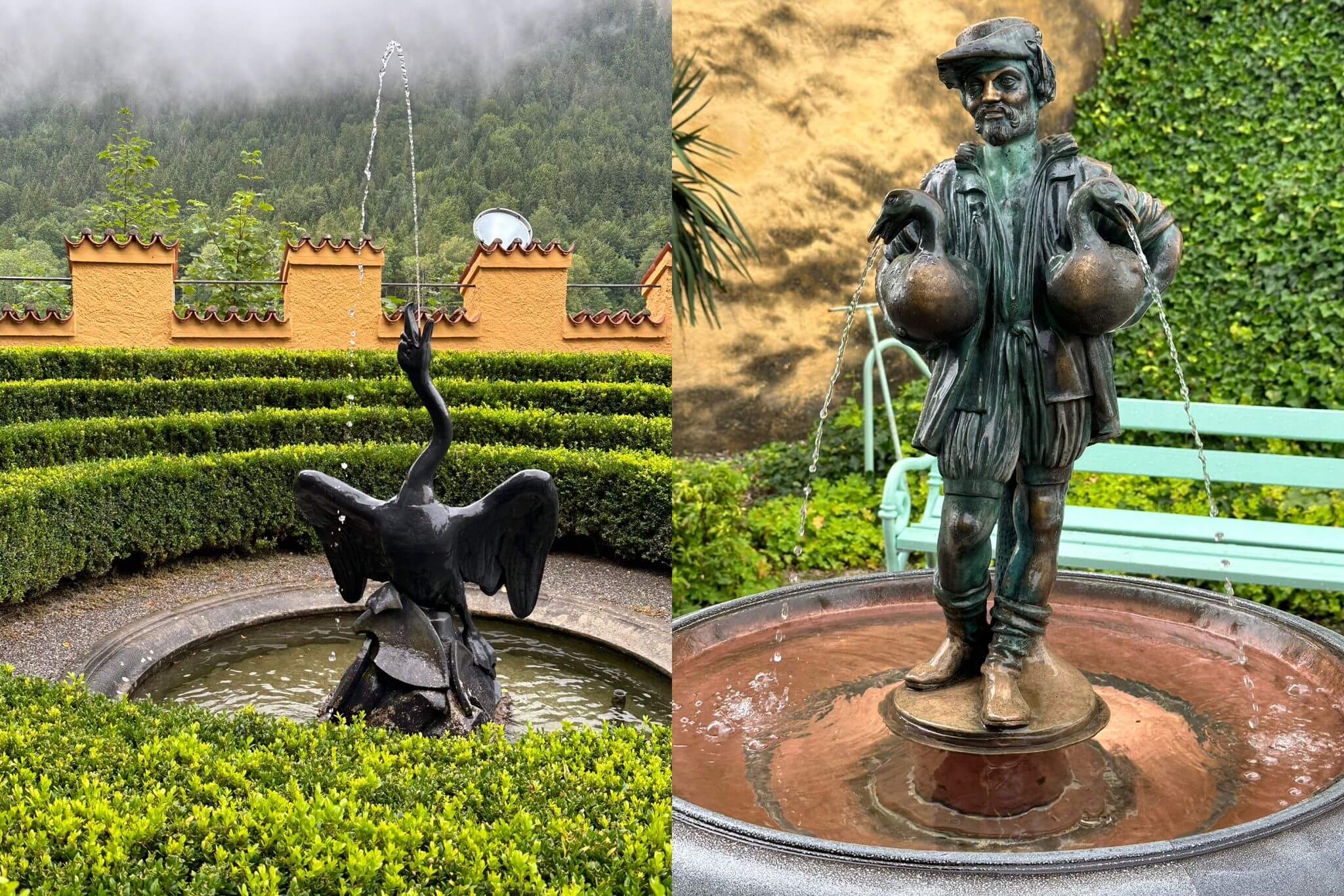 Hohenschwangau heeft een prachtige tuin met verschillende fonteinen! Hier konden we de liefde voor de zwaan al zien.