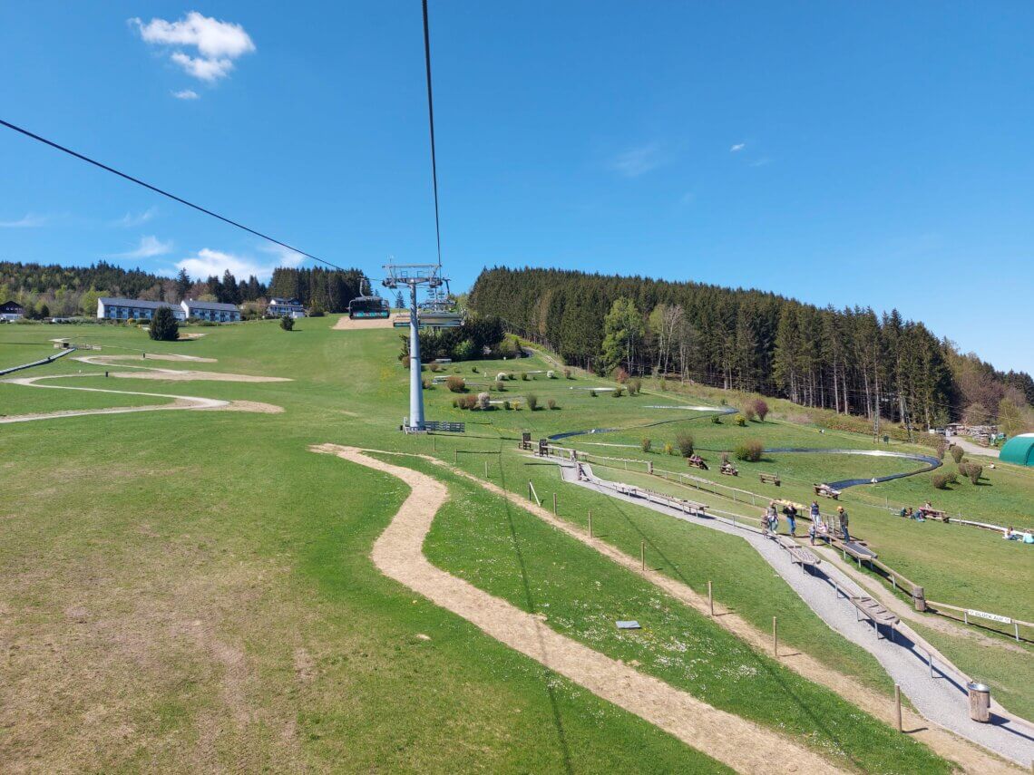 Bovenaanzicht met rechts de rodelbaan, midden de knikkerbanen en links de mountaincart baan