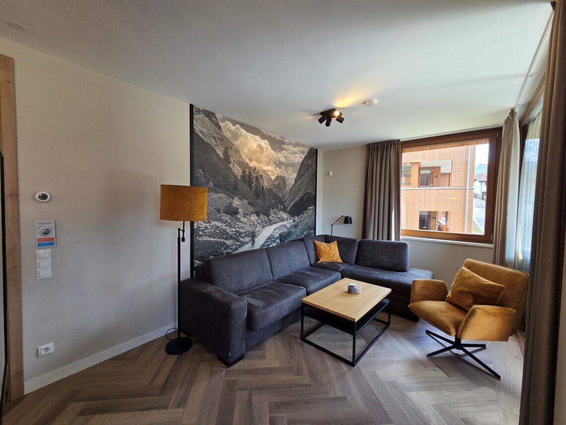 De woonkamer met een relaxstoel en (slaap-)bank